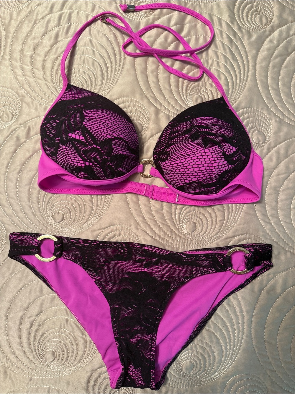 Victoria's Secret Hot Pink Bikini with Black Lace Accents